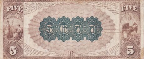 Реверс банкноты 5 долларов National Bank Note; «Brown Back» (Соединенные Штаты Америки) 1882 года