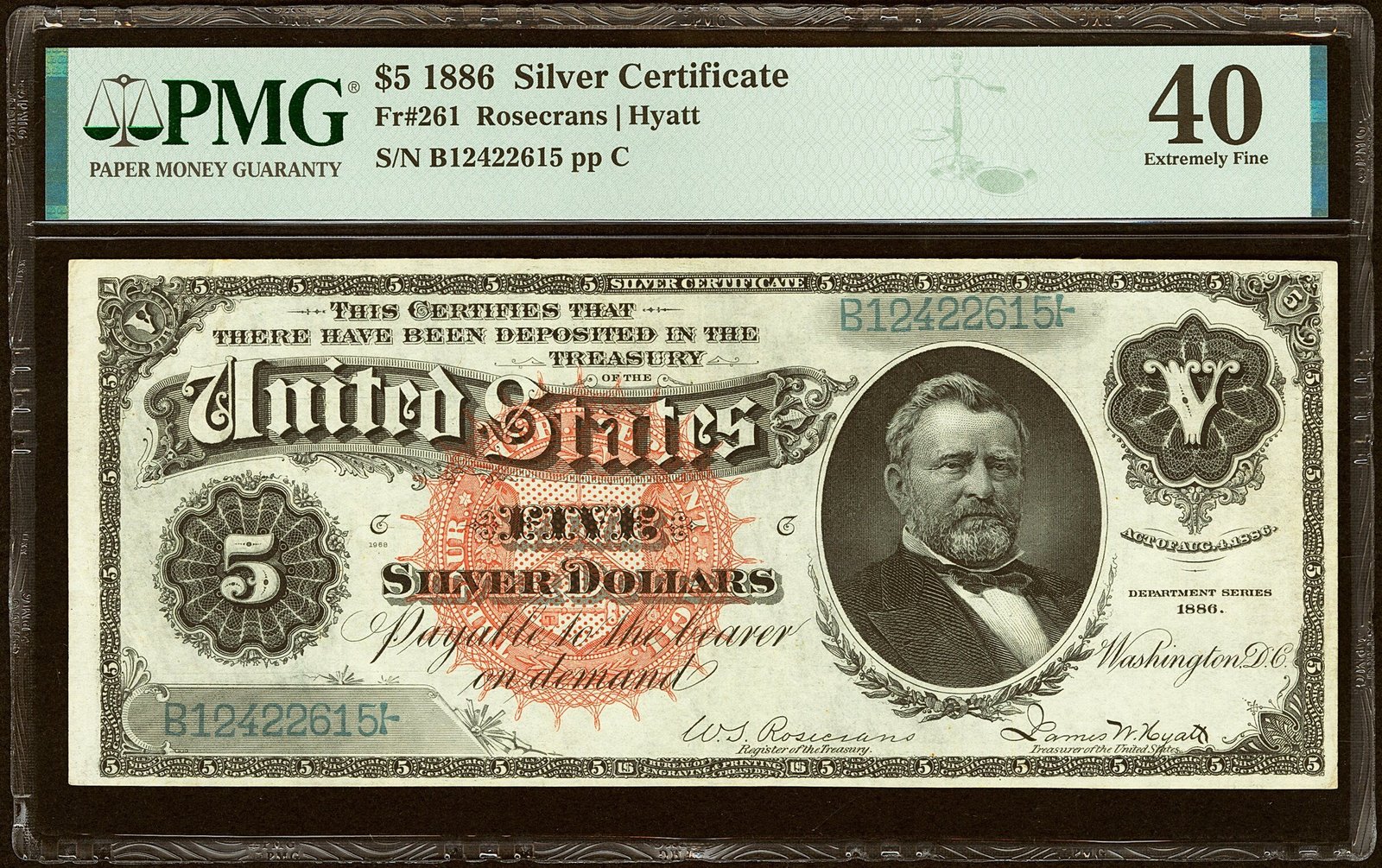 Аверс банкноты 5 долларов Silver Certificate (Соединенные Штаты Америки) 1886 года