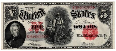 Аверс банкноты 5 долларов United States Note — «Woodchopper note» (Соединенные Штаты Америки) 1907 года