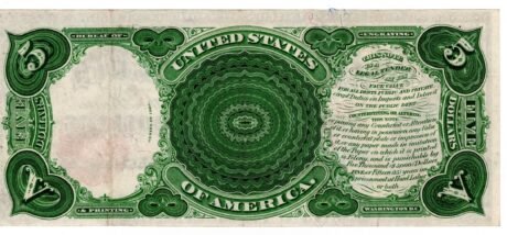 Реверс банкноты 5 долларов United States Note — «Woodchopper note» (Соединенные Штаты Америки) 1907 года