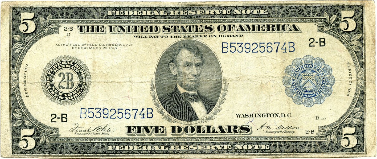 Аверс банкноты 5 долларов Large-Size Federal Reserve Note (Соединенные Штаты Америки) 1914 года