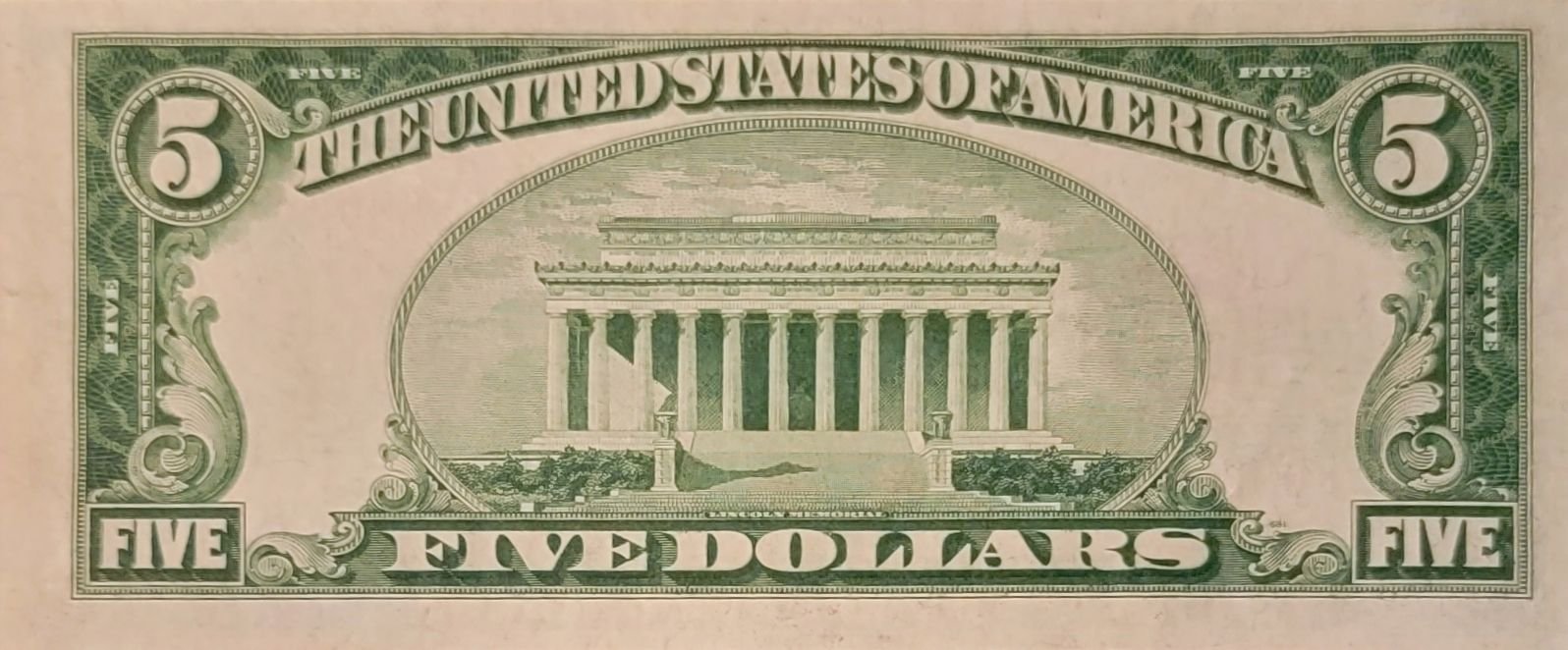 Реверс банкноты 5 долларов United States Note; Red Seal left (Соединенные Штаты Америки) 1928 года