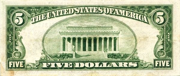 Реверс банкноты 5 долларов Federal Reserve Note; Large FIVE; Branch ID in Letters (Соединенные Штаты Америки) 1928 года