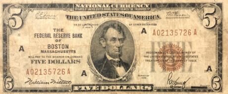 Аверс банкноты 5 долларов Federal Reserve Bank Note; Brown Seal (Соединенные Штаты Америки) 1929 года