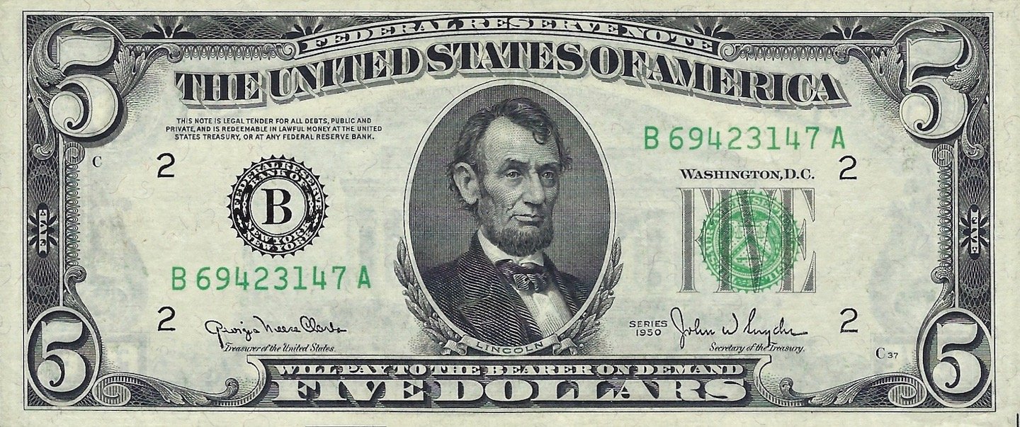 Аверс банкноты 5 долларов Federal Reserve Note; small portrait; no motto (Соединенные Штаты Америки) 1950 года