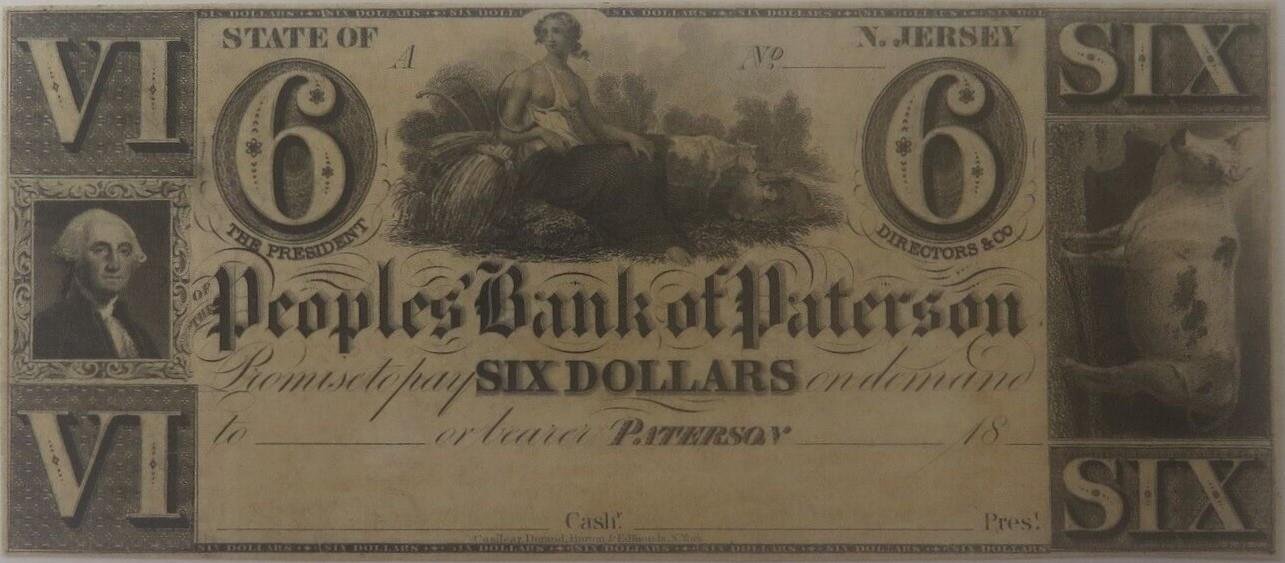 Аверс банкноты 6 долларов Peoples' Bank of Paterson (Соединенные Штаты Америки) 1830 года