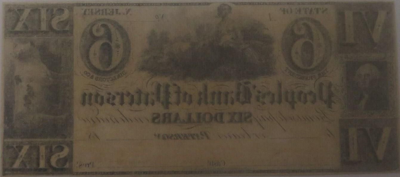 Реверс банкноты 6 долларов Peoples' Bank of Paterson (Соединенные Штаты Америки) 1830 года