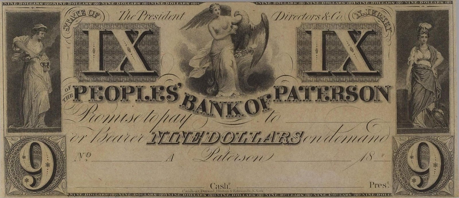 Аверс банкноты 9 долларов Peoples' Bank of Paterson (Соединенные Штаты Америки) 1830 года