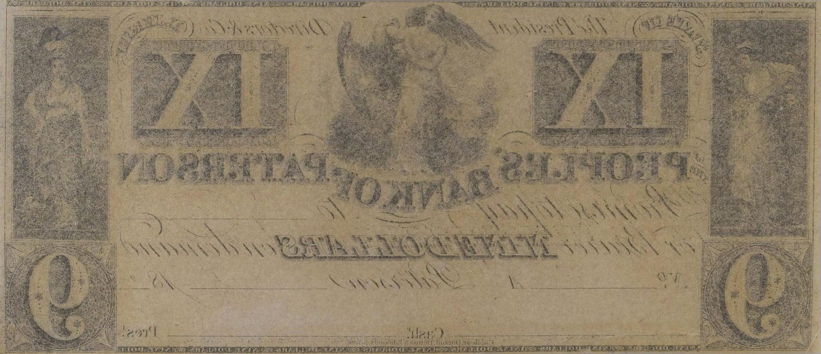 Реверс банкноты 9 долларов Peoples' Bank of Paterson (Соединенные Штаты Америки) 1830 года