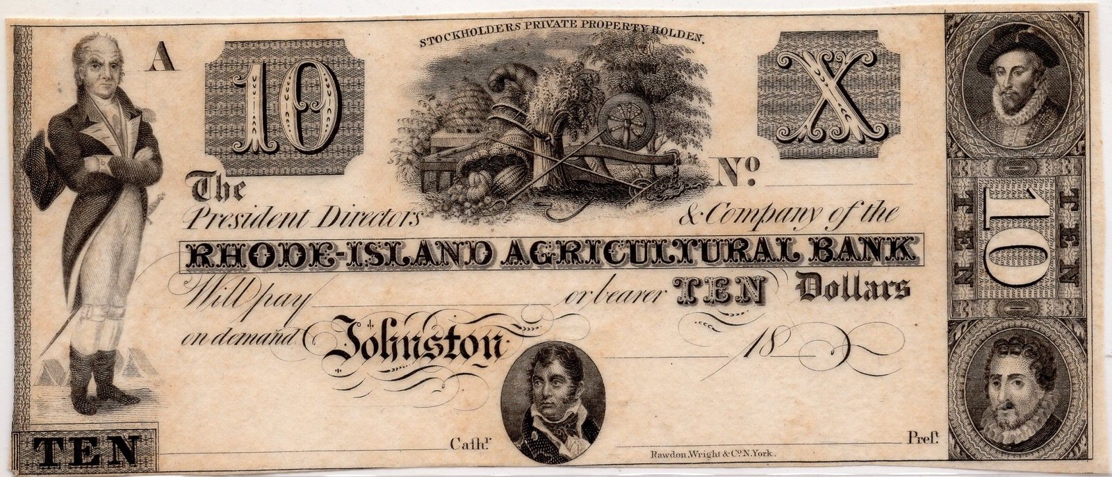 Аверс банкноты 10 долларов Rhode Island Agricultural Bank (Соединенные Штаты Америки) 1823 года