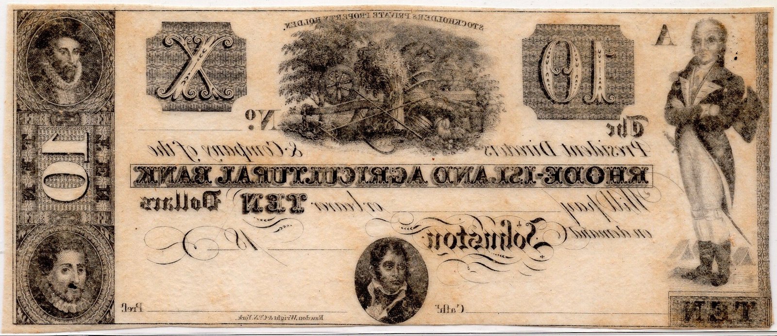 Реверс банкноты 10 долларов Rhode Island Agricultural Bank (Соединенные Штаты Америки) 1823 года