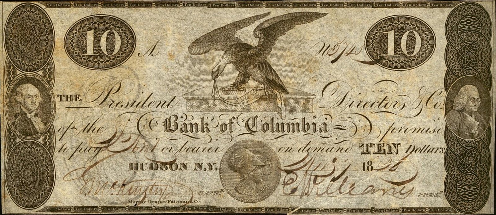 Аверс банкноты 10 долларов Bank of Columbia (Соединенные Штаты Америки) 1826 года