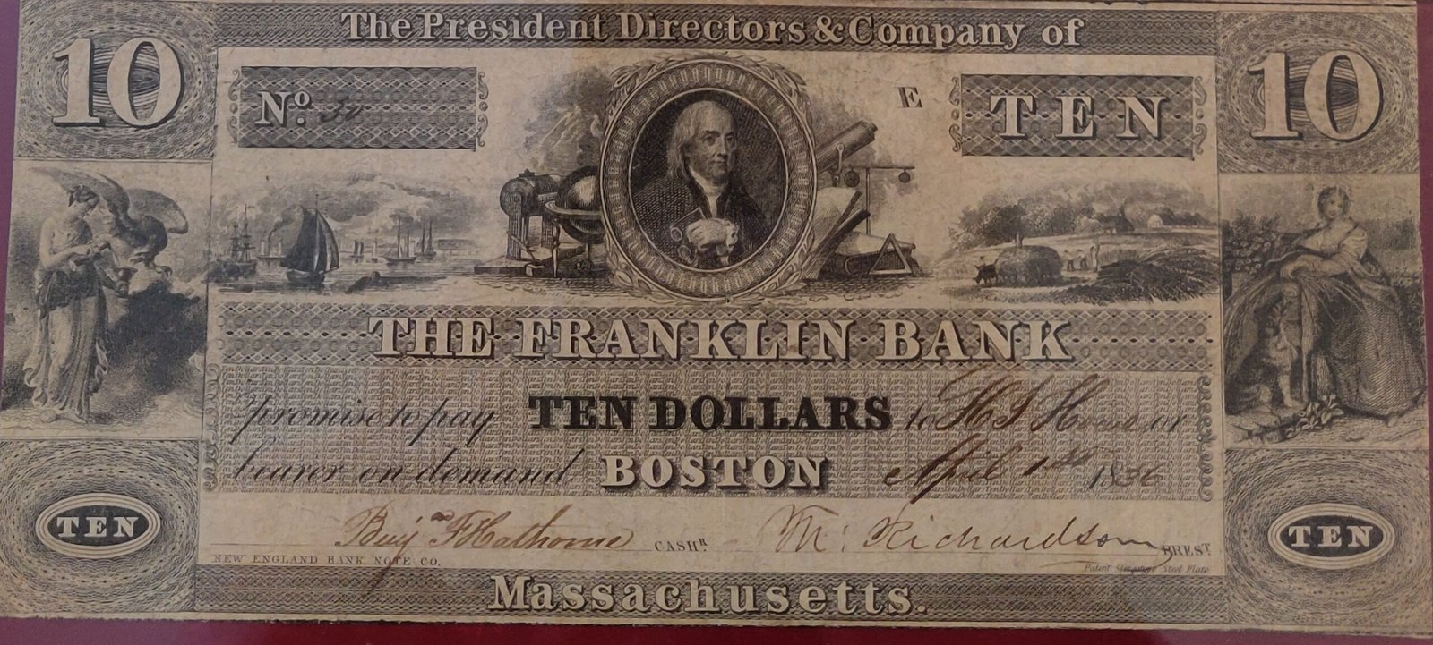 Аверс банкноты 10 долларов Franklin Bank (Соединенные Штаты Америки) 1836 года