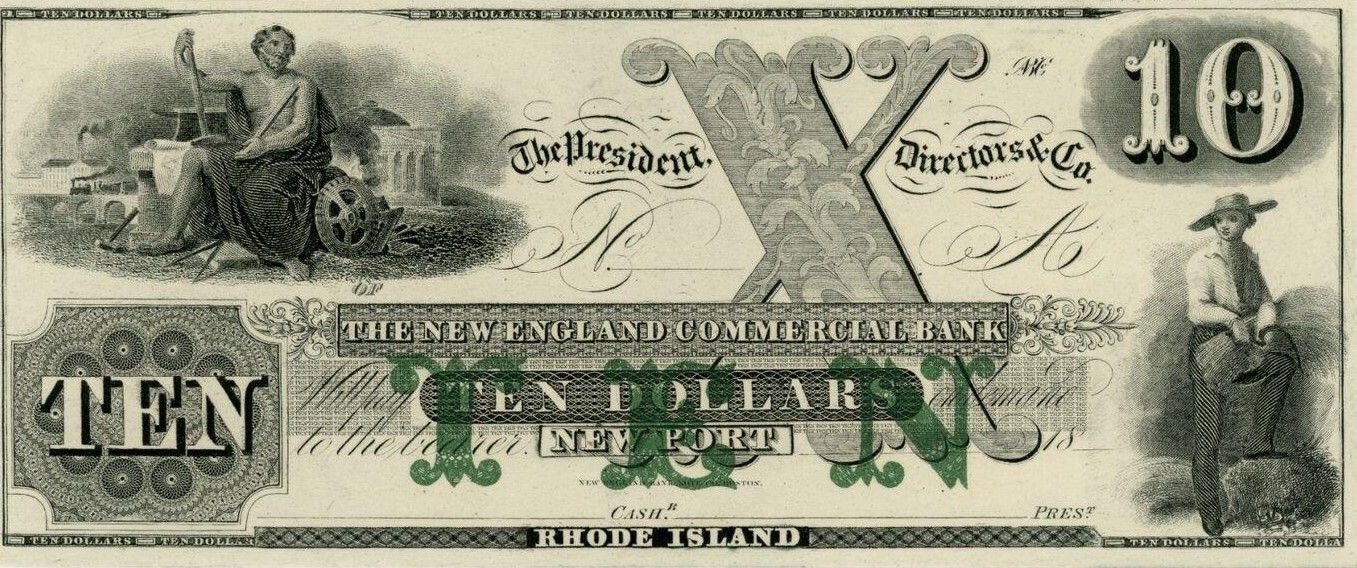 Аверс банкноты 10 долларов New England Commercial Bank - Rhode Island (Соединенные Штаты Америки) 1850 года