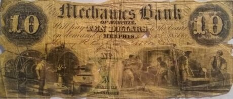 Аверс банкноты 10 долларов Mechanics Bank - Tennessee (Соединенные Штаты Америки) 1854 года