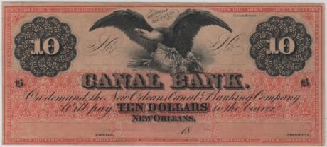 Аверс банкноты 10 долларов Canal Bank; uniface (Соединенные Штаты Америки) 1860 года