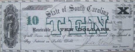 Аверс банкноты 10 долларов State of South Carolina (Соединенные Штаты Америки) 1872 года