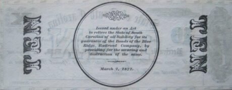 Реверс банкноты 10 долларов State of South Carolina (Соединенные Штаты Америки) 1872 года