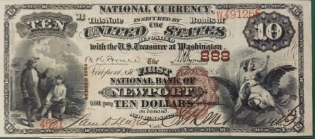 Аверс банкноты 10 долларов National Bank Note; «Brown Back» (Соединенные Штаты Америки) 1882 года