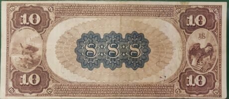 Реверс банкноты 10 долларов National Bank Note; «Brown Back» (Соединенные Штаты Америки) 1882 года