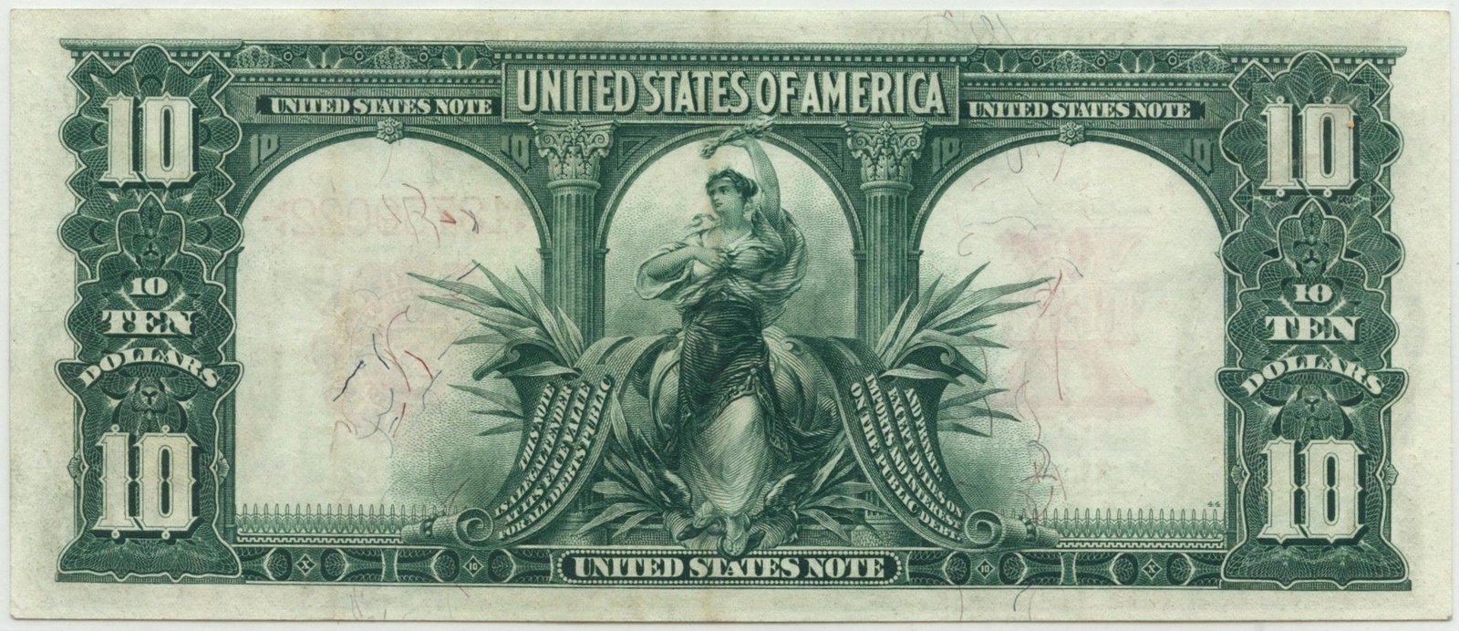 Реверс банкноты 10 долларов Large-Size United States Note (Соединенные Штаты Америки) 1901 года