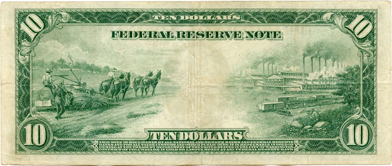 Реверс банкноты 10 долларов Large-Size Federal Reserve Note (Соединенные Штаты Америки) 1914 года