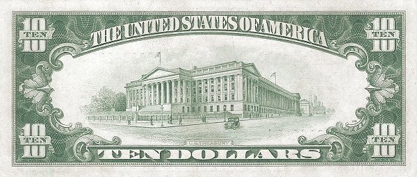 Реверс банкноты 10 долларов Federal Reserve Note; Large TEN; Branch ID in Numbers (Соединенные Штаты Америки) 1928 года