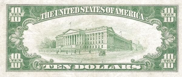 Реверс банкноты 10 долларов Federal Reserve Note; Large TEN; Branch ID in Letters (Соединенные Штаты Америки) 1928 года