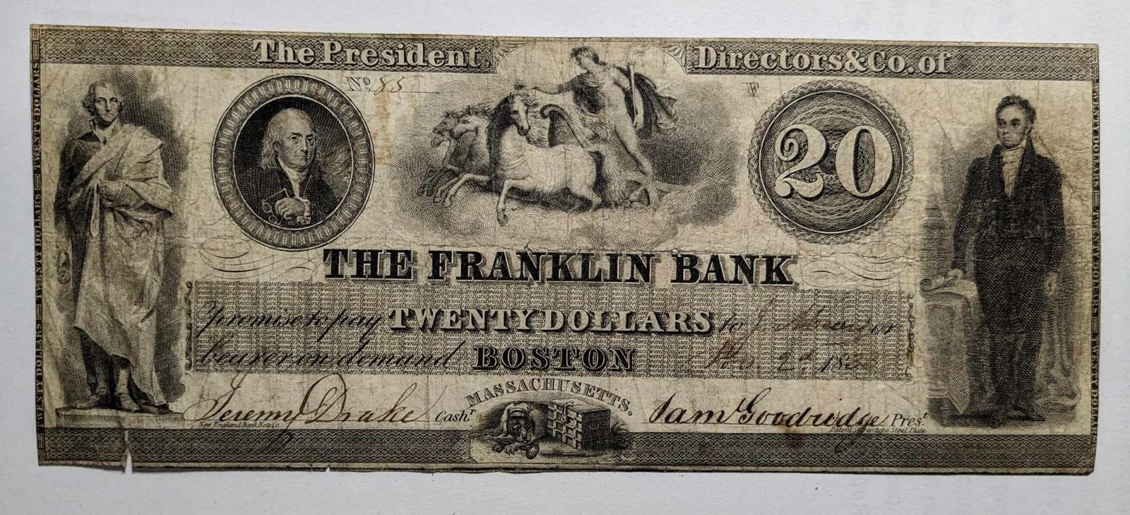 Аверс банкноты 20 долларов Franklin Bank (Соединенные Штаты Америки) 1833 года