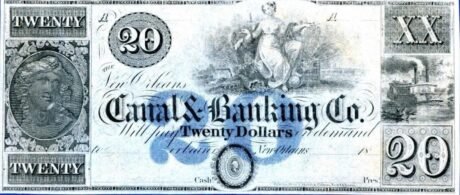 Аверс банкноты 20 долларов New Orleans Canal and Banking Co. (Соединенные Штаты Америки) 1840 года