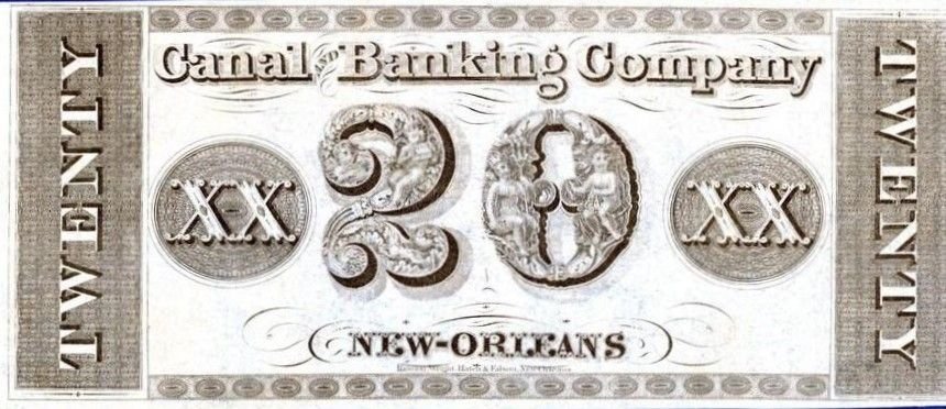 Реверс банкноты 20 долларов New Orleans Canal and Banking Co. (Соединенные Штаты Америки) 1840 года