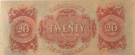 Реверс банкноты 20 долларов Canal Bank (Соединенные Штаты Америки) 1841 года
