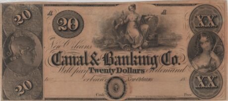 Аверс банкноты 20 долларов New Orleans Canal and Banking Co. (Соединенные Штаты Америки) 1850 года