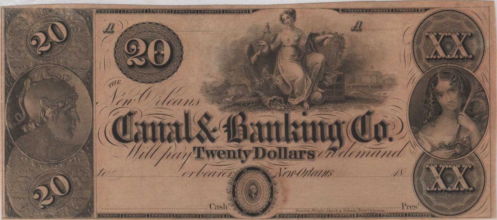 Аверс банкноты 20 долларов New Orleans Canal and Banking Co. (Соединенные Штаты Америки) 1850 года