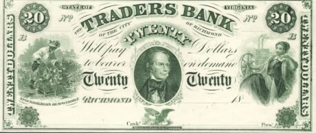 Аверс банкноты 20 долларов Traders Bank of Virginia (Соединенные Штаты Америки) 1860 года