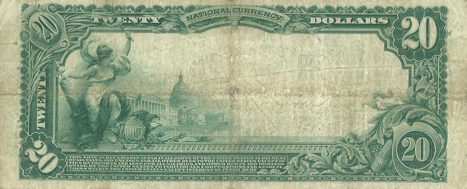 Реверс банкноты 20 долларов Large-Size National Bank Note (Соединенные Штаты Америки) 1902 года