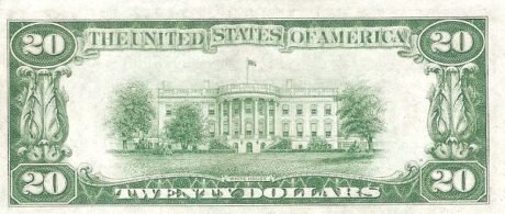 Реверс банкноты 20 долларов Federal Reserve Note; Large TWENTY; Branch ID in Letters (Соединенные Штаты Америки) 1928 года