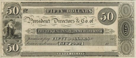 Аверс банкноты 50 долларов New England Commercial Bank — Rhode Island (Соединенные Штаты Америки) 1830 года