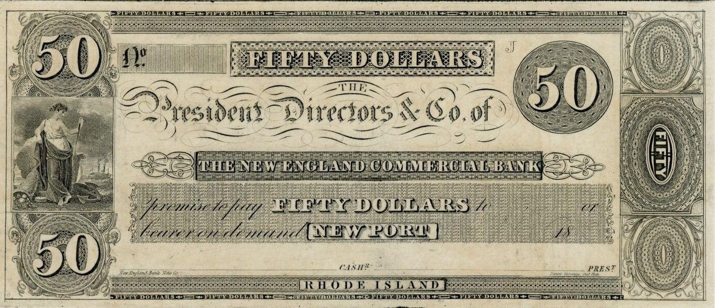 Аверс банкноты 50 долларов New England Commercial Bank - Rhode Island (Соединенные Штаты Америки) 1830 года