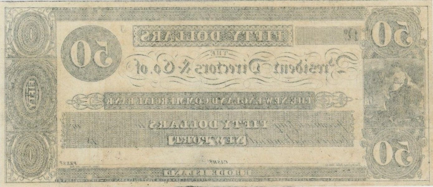 Реверс банкноты 50 долларов New England Commercial Bank - Rhode Island (Соединенные Штаты Америки) 1830 года