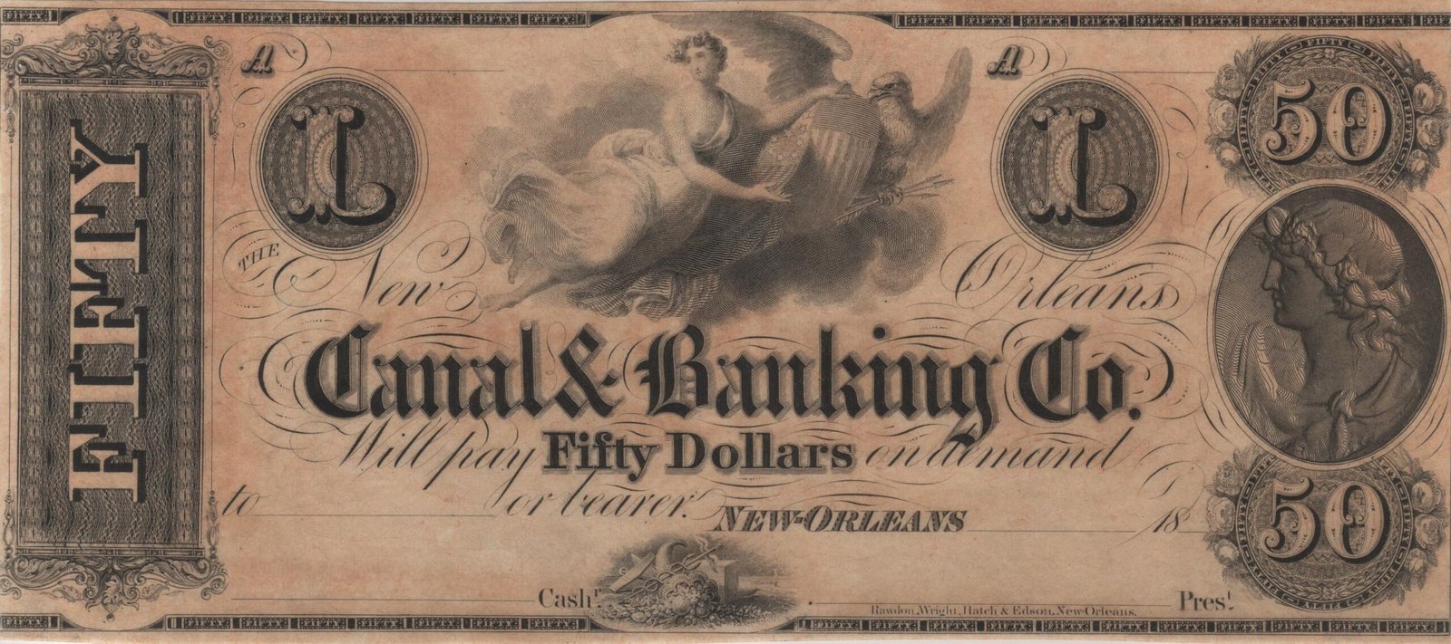 Аверс банкноты 50 долларов New Orleans Canal and Banking Co. (Соединенные Штаты Америки) 1850 года