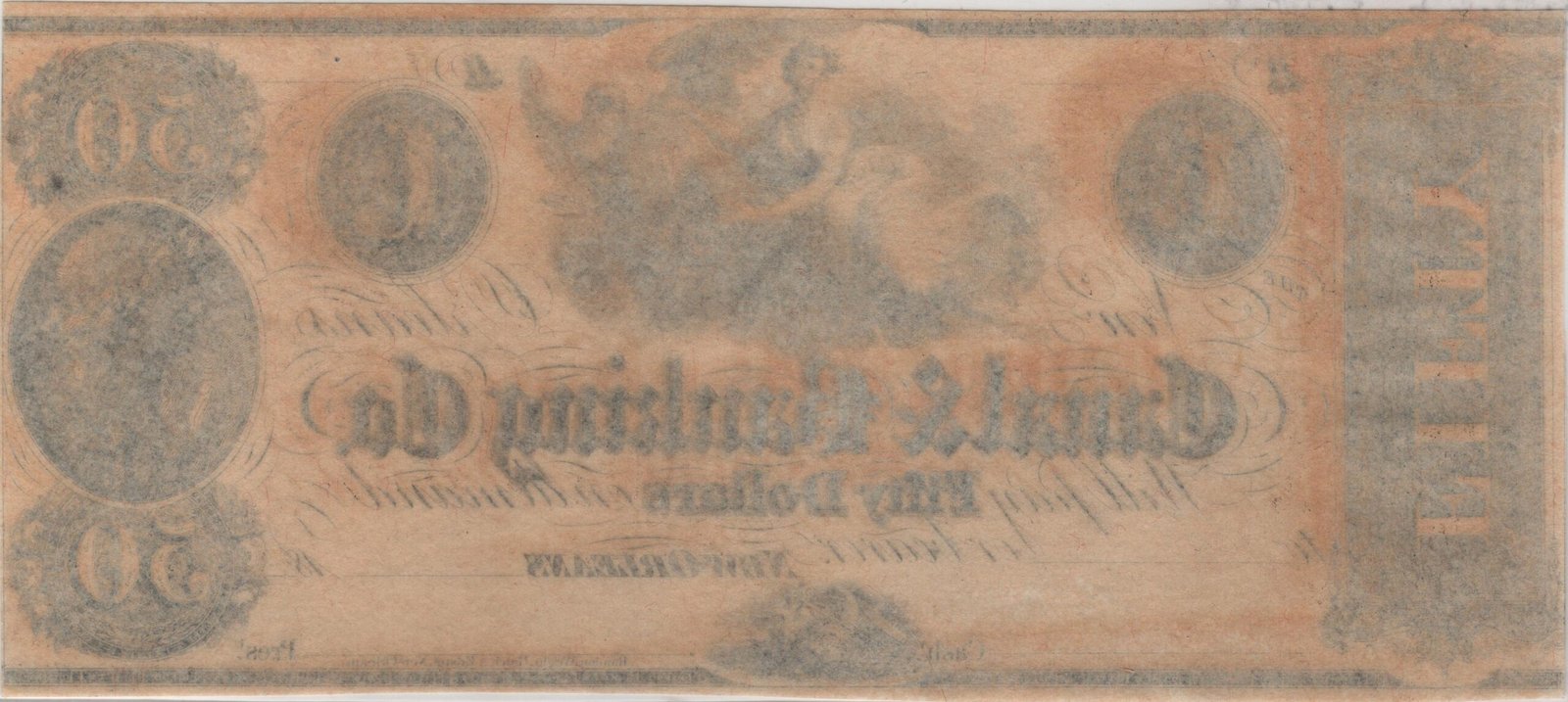 Реверс банкноты 50 долларов New Orleans Canal and Banking Co. (Соединенные Штаты Америки) 1850 года