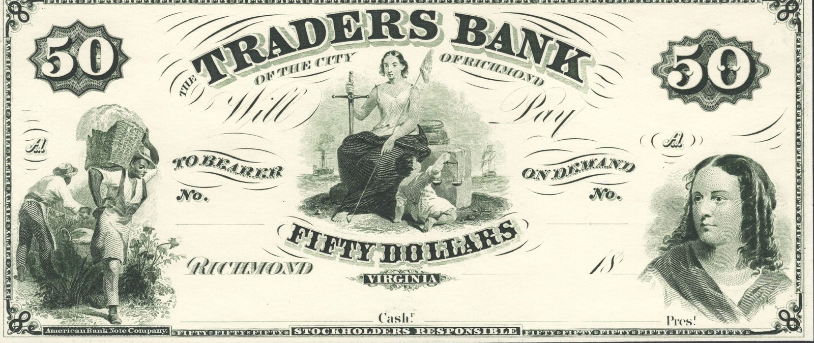 Аверс банкноты 50 долларов Traders Bank of Virginia (Соединенные Штаты Америки) 1860 года