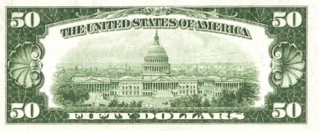 Реверс банкноты 50 долларов Federal Reserve Note; Large FIFTY; Branch ID in Letters (Соединенные Штаты Америки) 1928 года