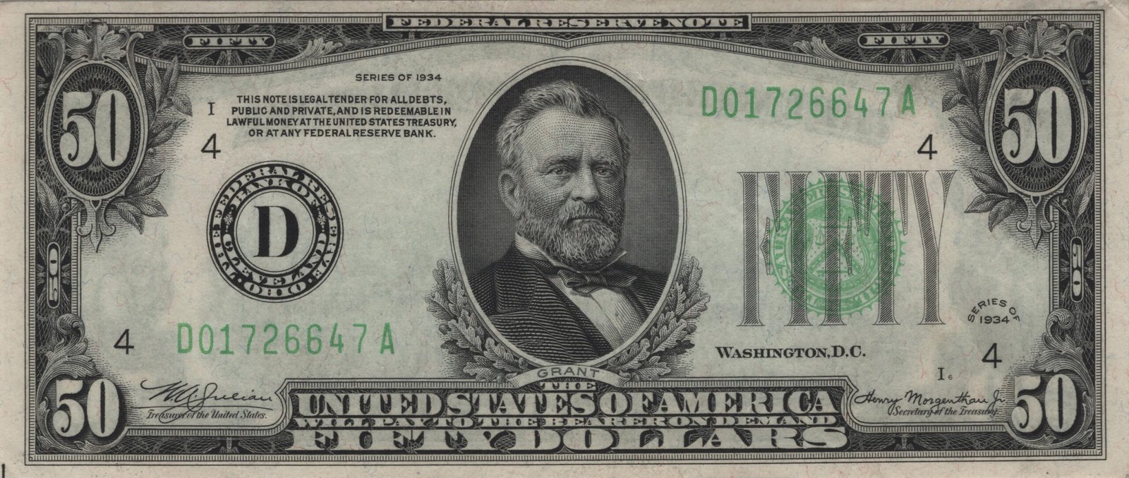 Аверс банкноты 50 долларов Federal Reserve Note; small portrait (Соединенные Штаты Америки) 1928 года