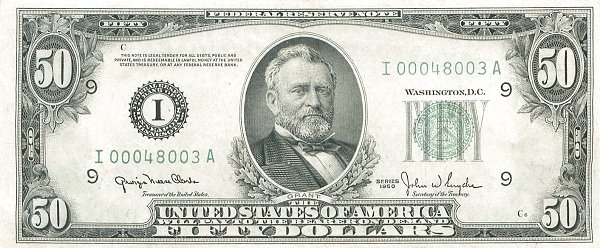 Аверс банкноты 50 долларов Federal Reserve Note; small portrait; no motto (Соединенные Штаты Америки) 1950 года