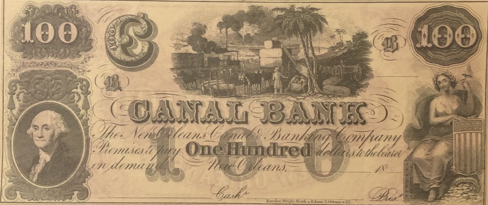 Аверс банкноты 100 долларов Canal Bank (Соединенные Штаты Америки) 1841 года