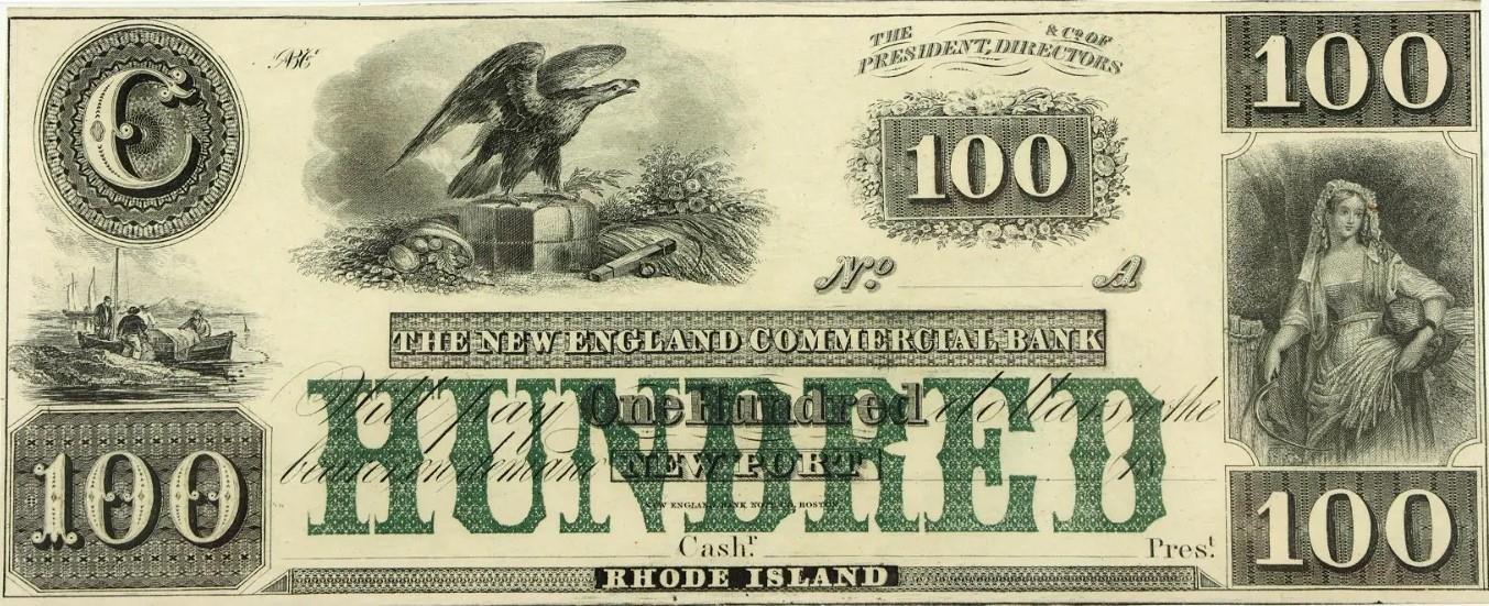 Аверс банкноты 100 долларов New England Commercial Bank - Rhode Island (Соединенные Штаты Америки) 1850 года