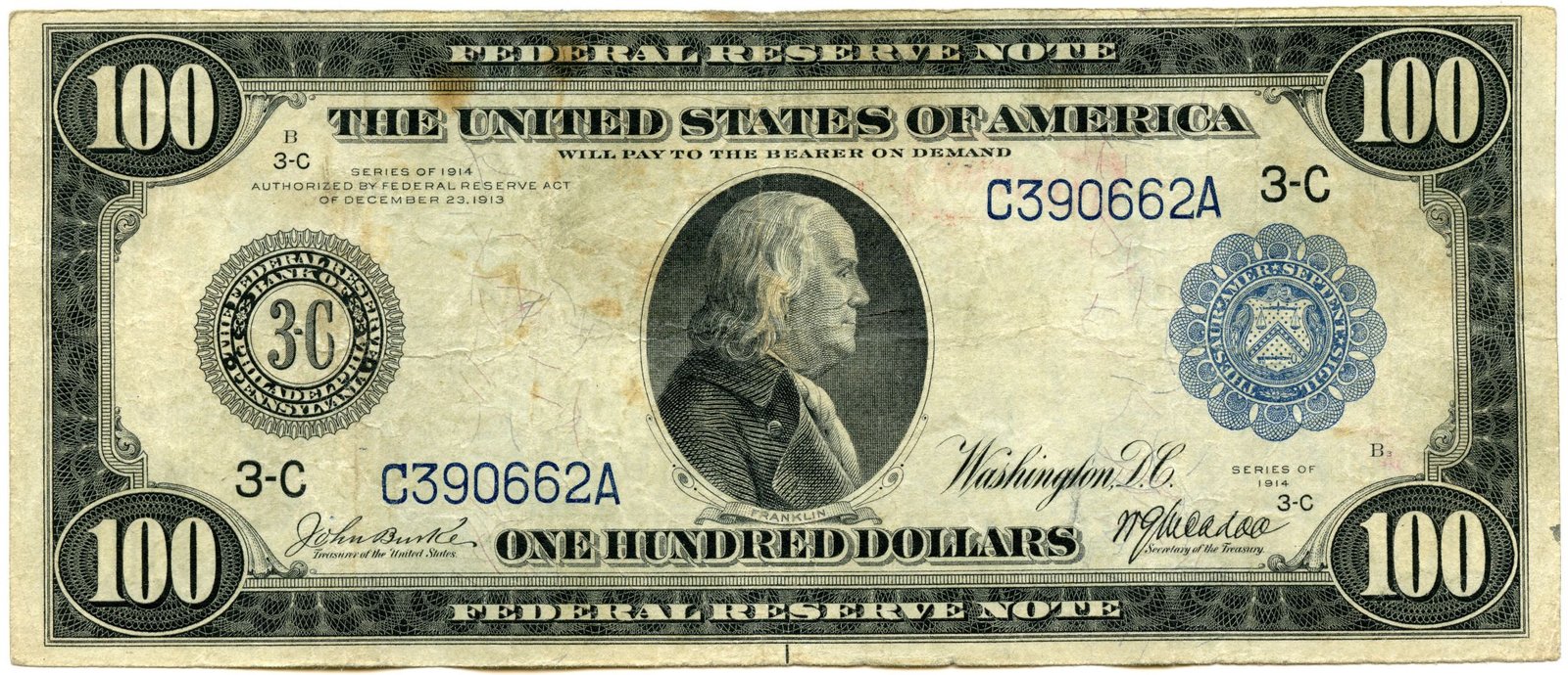 Аверс банкноты 100 долларов Large-Size Federal Reserve Note (Соединенные Штаты Америки) 1914 года