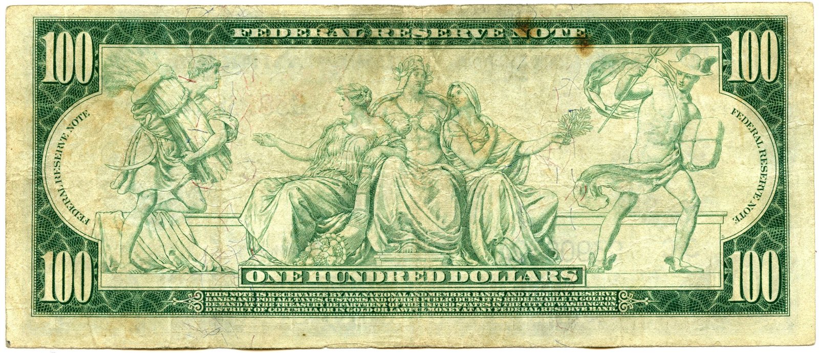 Реверс банкноты 100 долларов Large-Size Federal Reserve Note (Соединенные Штаты Америки) 1914 года